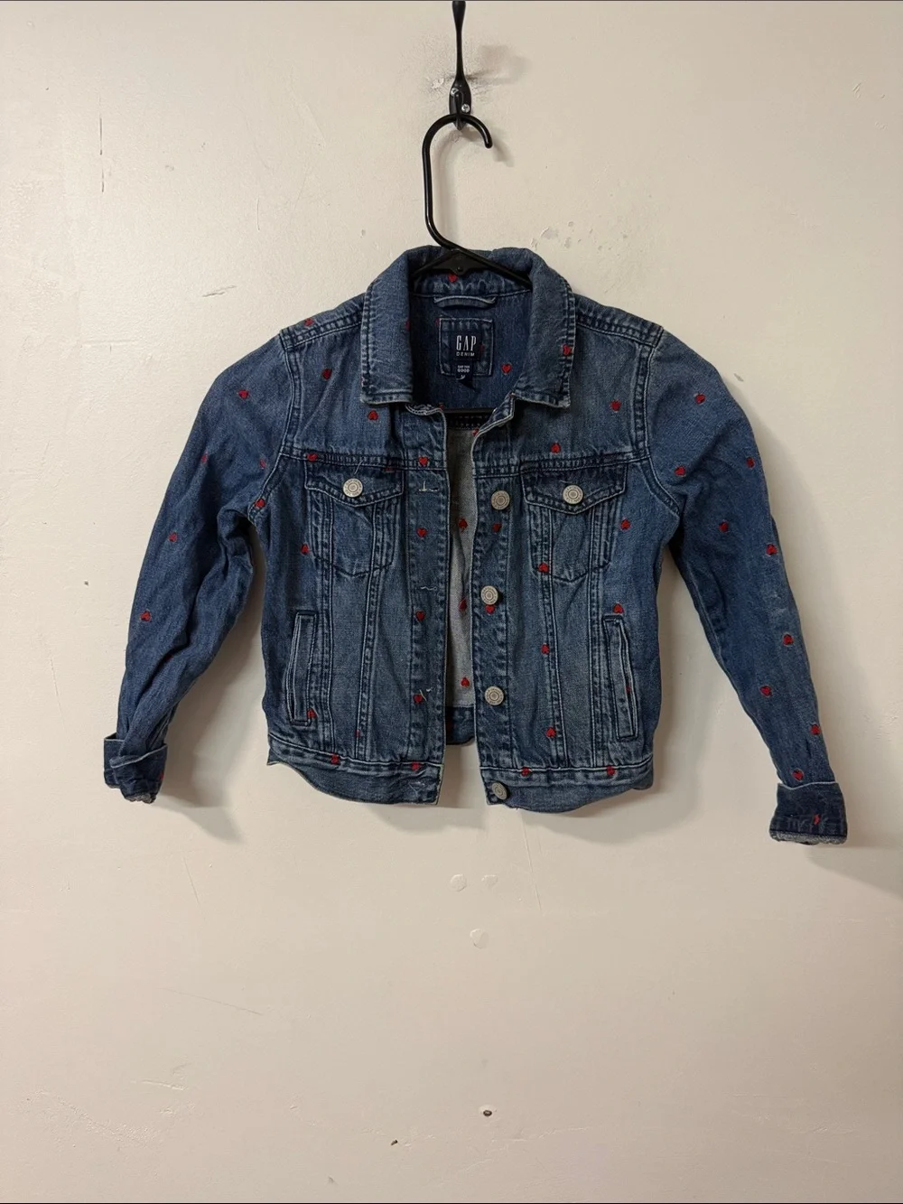 GAP Girls Blue Denim Jacket with Red Heart Embroidery